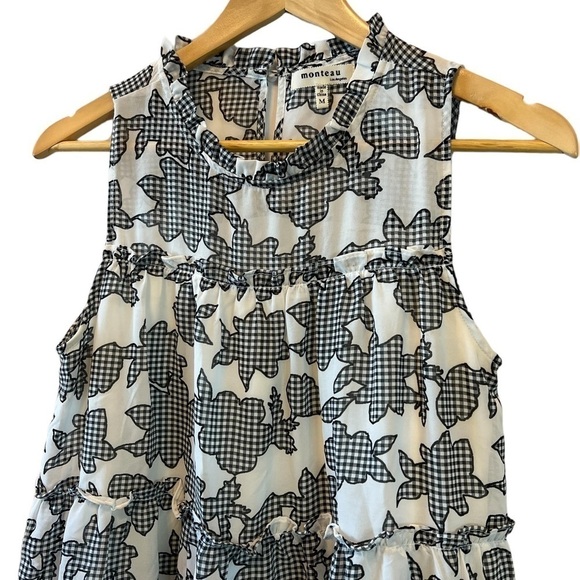 MONTEAU Cream & Black Printed High Neck Sleeveless Ruffle Top M - Picture 4 of 11